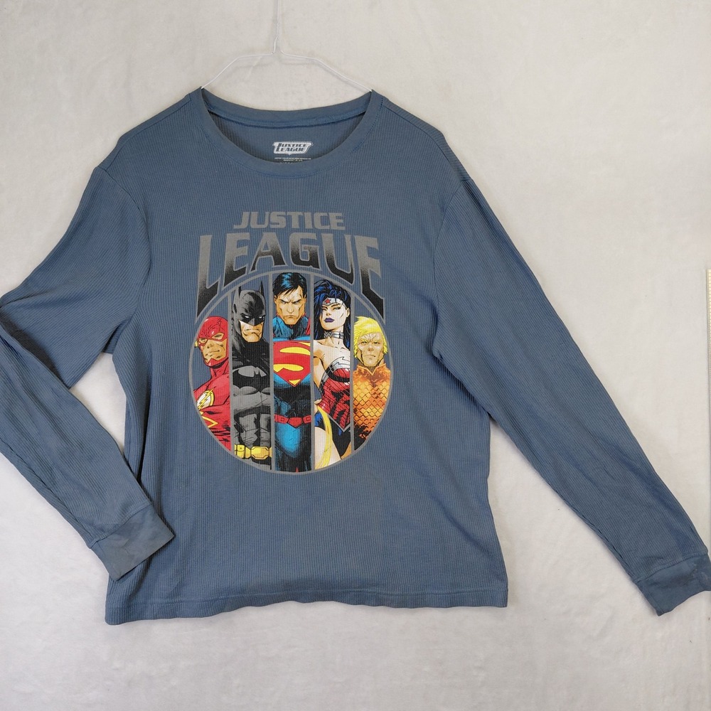 Justice League Mens Blue Thermal Graphic Shirt Batman Superman Large 42-44